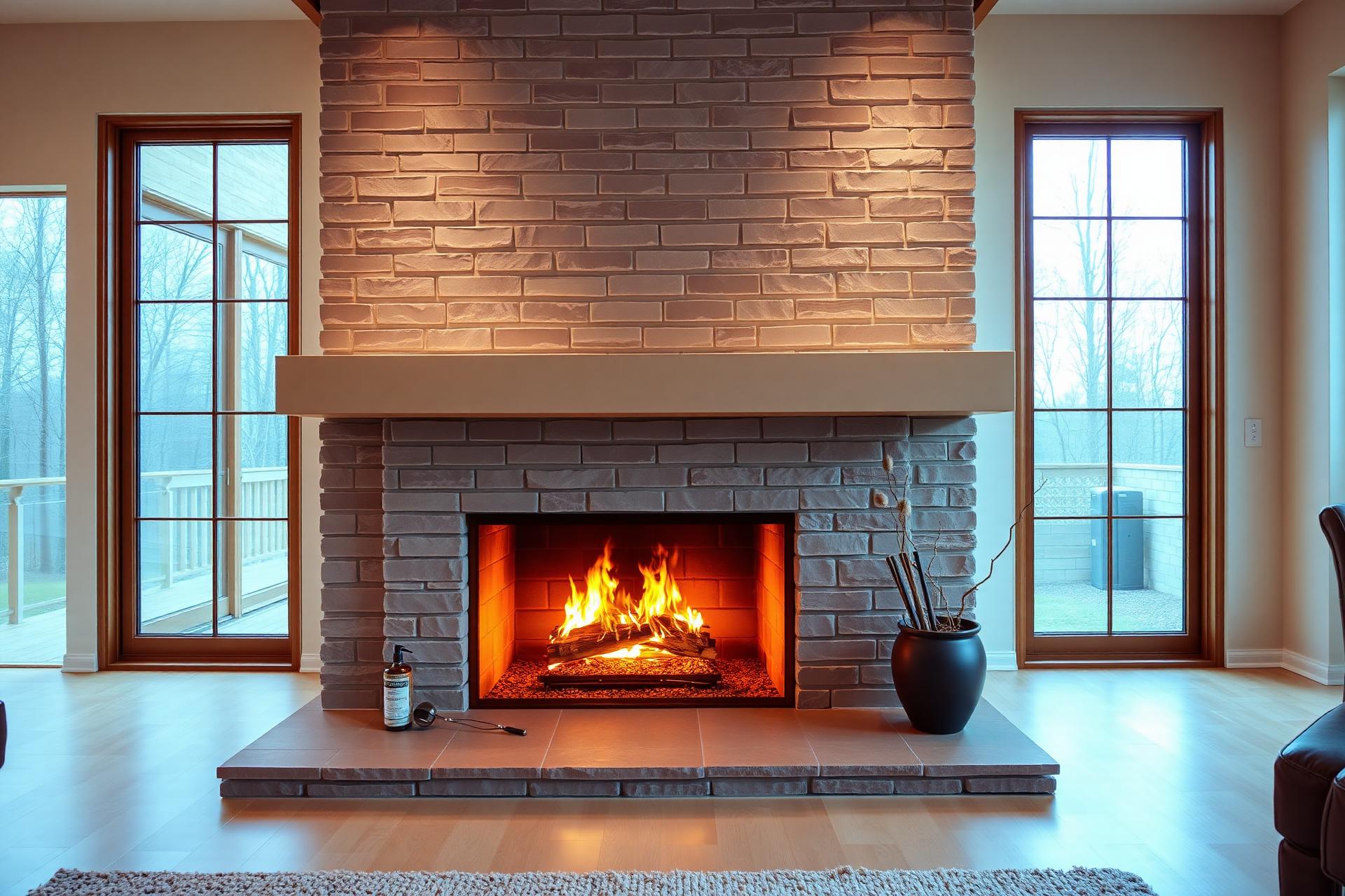 Modern brick fireplace with a warm fire in a bright home